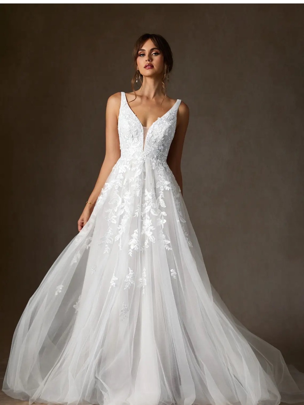 Azazie White Lace V-Neck A-Line Wedding Gown